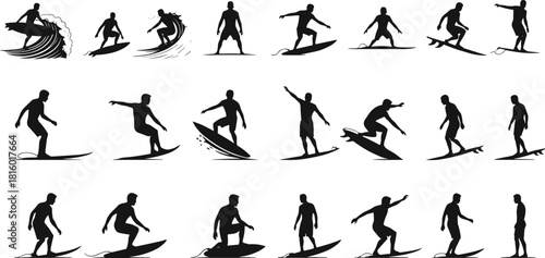 Surfer silhouettes, surfboard poses, wave riding, beach sport, dynamic movement, ocean action, vector icons, extreme sports, coastal lifestyle