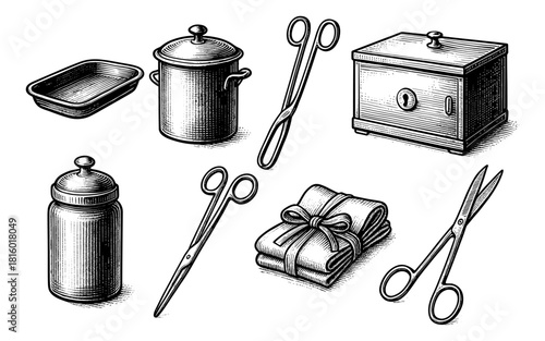 Vintage medical tools collection with detailed engravings in black and white