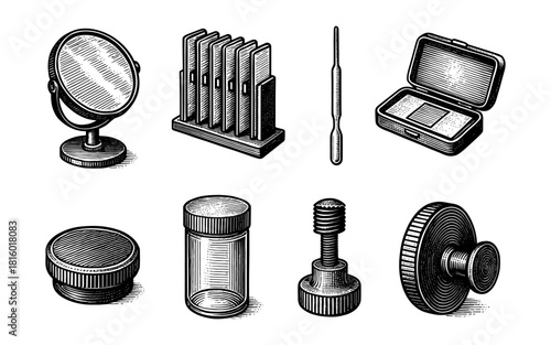 Vintage engraved beauty products collection with retro cosmetic tools and accessories