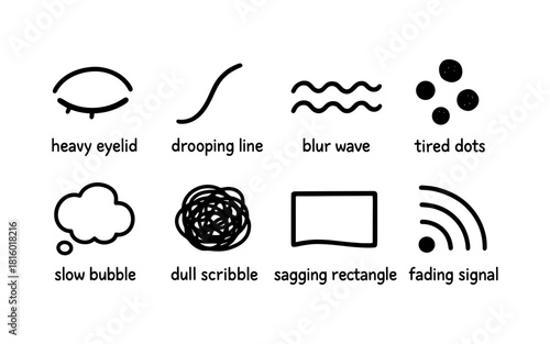 Minimalist hand-drawn abstract doodles: eyelid, line, wave, dots, bubble, scribble, rectangle, signal