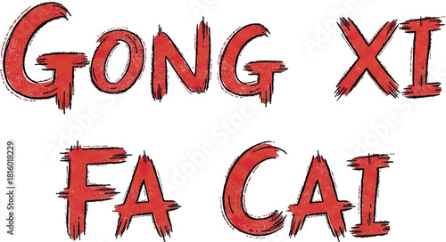 Hand Drawn Red Gong Xi Fa Cai Chinese New Year Greeting Text Typography, Brush Sketch Style Vector Illustration