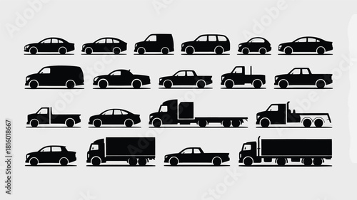 Collection of diverse vehicle silhouettes including cars vans trucks and utility vehicles in a clean graphic design silhouette
