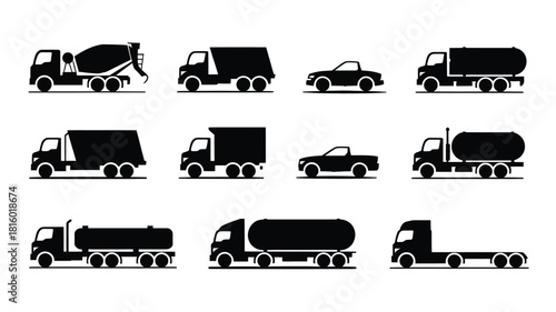 Collection of diverse construction and transport vehicle silhouettes including trucks cars cement mixers and tankers in a clean graphic style silhouette