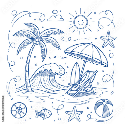 Summer Vacation Doodle Line Art Vector Beach Holiday Elements Illustration