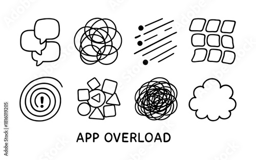 Minimalist doodle icons symbolizing app overload and communication chaos