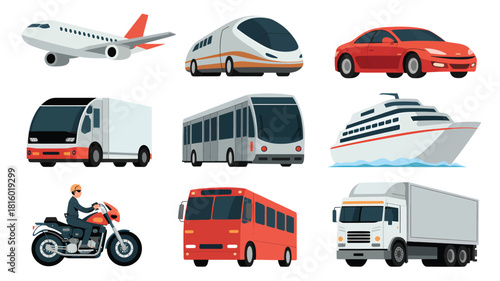 Collection of diverse transportation vehicles including an airplane car bus truck motorcycle and ship in a clean silhouette style