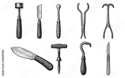 Vintage surgical instruments set with detailed engravings