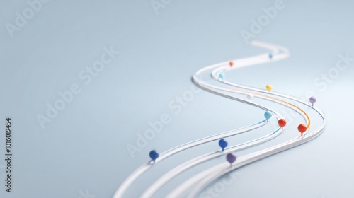 A long white road surrounded by multiple colored pins representing corporate excellence and strategic pathways ahead