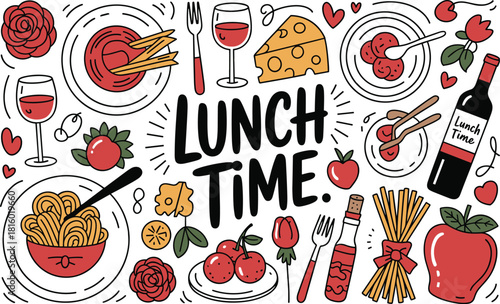 Lunch Time Doodle Hand Drawn Vector Illustration Wine Spaghetti Cheese Food