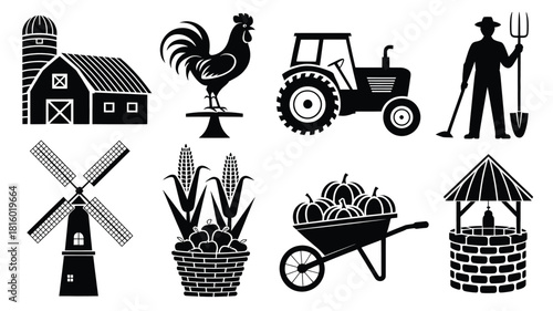 Collection of farm related icons and illustrations presented in a bold black silhouette style for a rustic agricultural theme