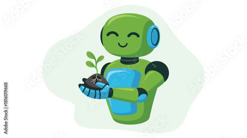 A cheerful green robot holding a small plant with soil in its hands symbolizing environmental care and future growth silhouette