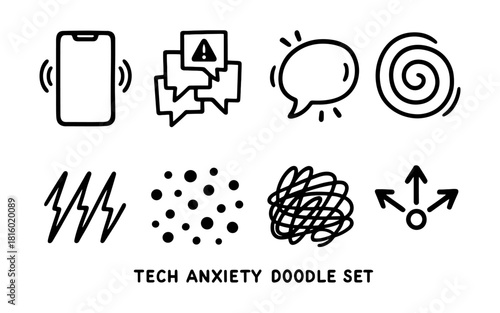 Tech anxiety doodle set: simplistic icons of digital stress and communication overload