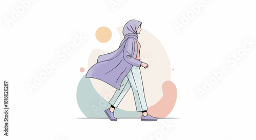 Woman in hijab walking with a purple coat in a modern illustration.