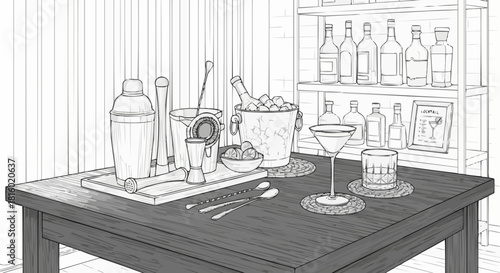 Elegant Home Bar Setup with Cocktail Shaker and Ice Bucket.