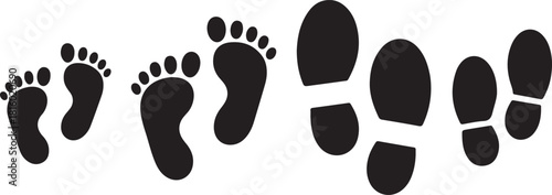 Different human footprints. Baby footprint - stock vector. Shoes for children and adults, adults and children's steps
