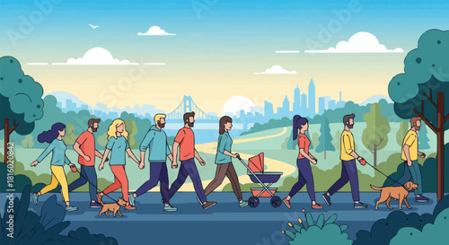 Diverse group of people walking in a park with dogs and a stroller.