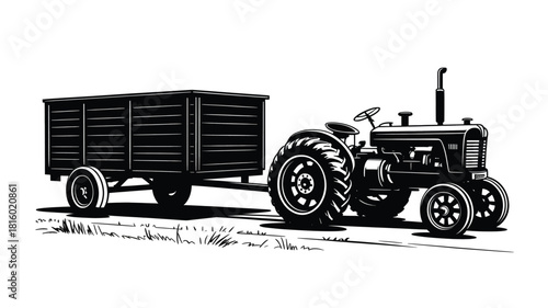 Vintage agricultural tractor pulling a wooden trailer rendered in a bold graphic silhouette style evoking rural farm work and historical machinery silhouette