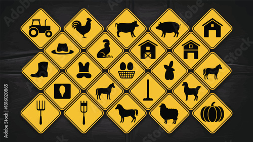 A collage of yellow diamond shaped warning signs featuring black silhouettes of farm animals and equipment on a dark background silhouette