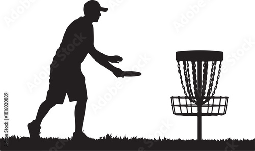 Disc golf player throwing a disc in the basket
