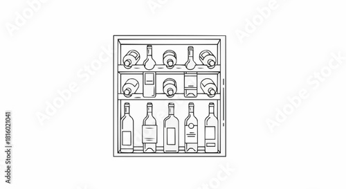 Wine rack illustration showcasing various bottles of different shapes and sizes.