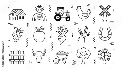 Collection of hand drawn farm and agriculture icons in a simple doodle silhouette style representing rural life and farming activities
