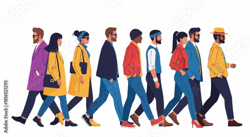 Diverse group of people walking together in a line, representing unity and progress.