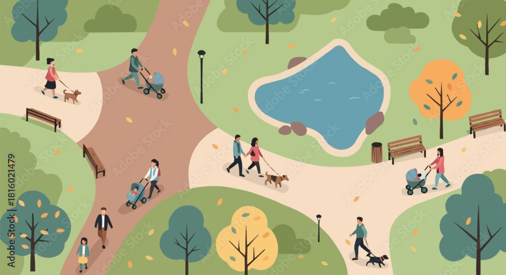 Naklejka premium People enjoying a sunny day at the park with dogs and strollers.