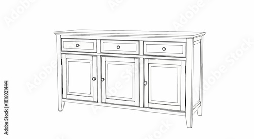 Black and white line drawing of a traditional wooden sideboard cabinet.