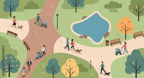 People enjoying a sunny day at the park with dogs and strollers.