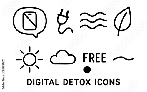 Digital detox icon set: simplistic symbols for wellness and offline living