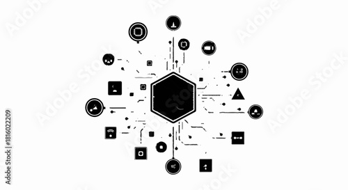 Abstract network of interconnected digital icons and geometric shapes forming a central hexagon.