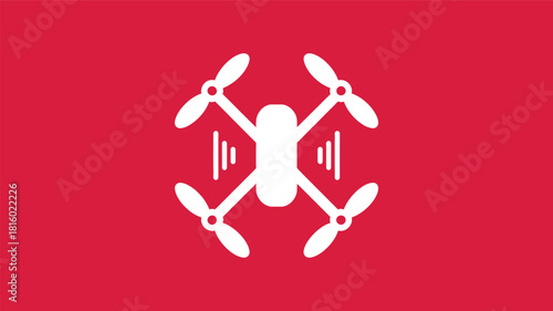 Clean white silhouette of a quadcopter drone with propellers visible against a vibrant red background representing aerial technology and modern innovation silhouette
