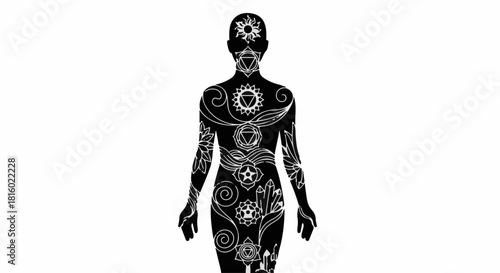 Stylized human silhouette adorned with intricate floral and celestial white patterns on black background.