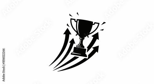 Trophy symbolizing achievement and success with upward arrows indicating progress