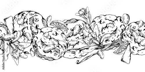 Chocolate chips bits gelato ice cream scoops with vanilla flower pods, candy dragee. Vector graphic seamless banner border hand drawn in pen and ink. Frozen menu art, sweet decor, snack product sheet