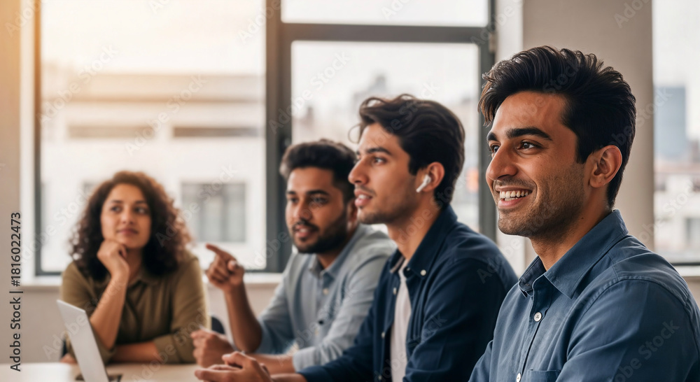 Obraz premium Multiethnic young professionals meeting laptop engagement listening