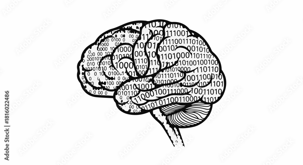 Fototapeta premium Digital brain concept with binary code filling the intricate neural pathways