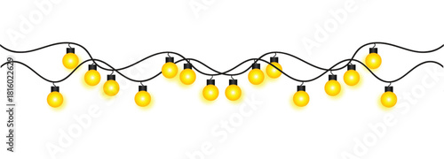 Yellow wavy lights isolated on transparent background. Wedding lights flicker above dinner table. Decorative string pattern with warm glow and festive ambience. Vector illustration