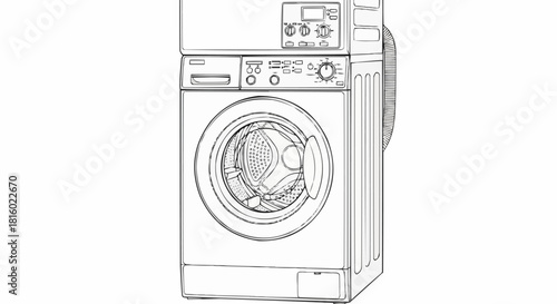 Detailed Line Art of a Stacked Washer and Dryer Appliance.