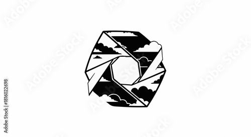 Abstract geometric aperture symbol with sky and clouds motif