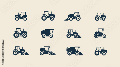 Collection of twelve distinct tractor and agricultural machinery silhouettes in a grid layout on a light background silhouette