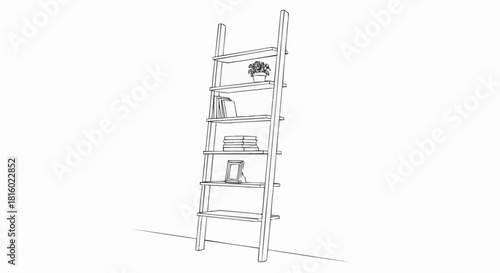 Line Art Illustration of a Ladder Shelf with Books and Plant.