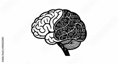 Digital brain with binary code flowing through its lobes, representing artificial intelligence and data.
