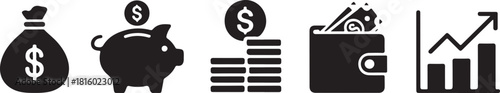 Finance icons. Business Icons, money signs. Money silhouette collection. Wallet with cards icon. Coins silhouette icon. Growth chart. Moneybag or stash. Piggy bank flat style