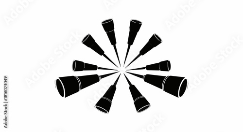 Abstract radial pattern of black pipette tips on a white background, symbolizing science and precision.