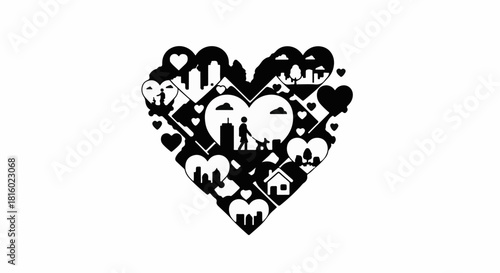 Heart shape filled with city scenes and loving couple walking dog