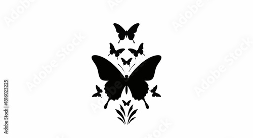 Elegant black butterfly silhouette art with delicate foliage accents, symbolizing transformation and beauty.