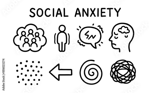 Social anxiety concept with doodles of people, speech bubble, and stress symbols