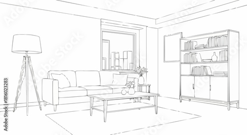 Living Room Interior Sketch with Sofa, Table, Lamp, and Shelf.