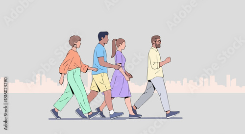 Group of diverse people walking together in a line, cooperation concept.
